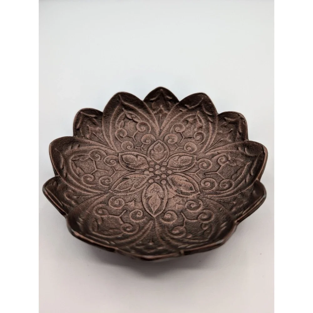 Lotus Flower Metal Trinket Dish Bronze Tone Embossed Jewelry Ring Catchall Bowl